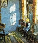 Anna Ancher solskin i den bla stue, helga ancher hakler ibedstemoderens stue oil
